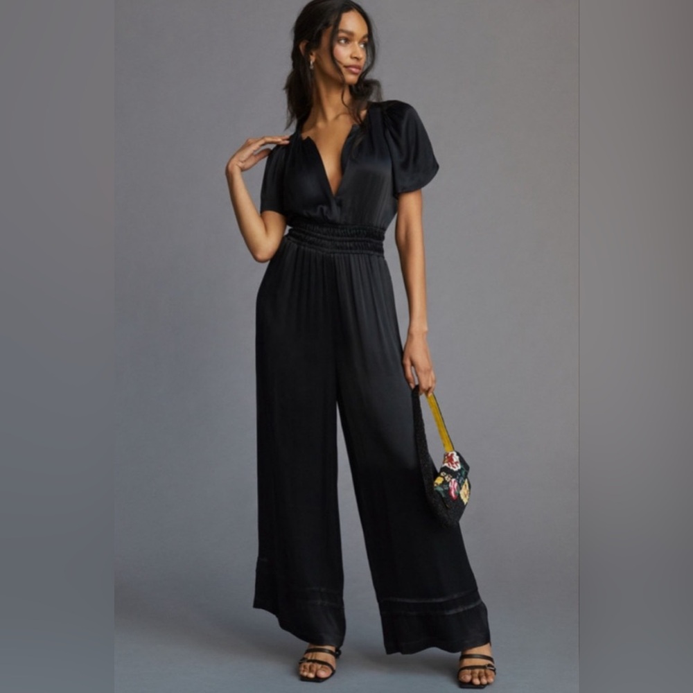 NWT Anthropologie Somerset Black Short Sleeve Wide-Leg Jumpsuit Size L